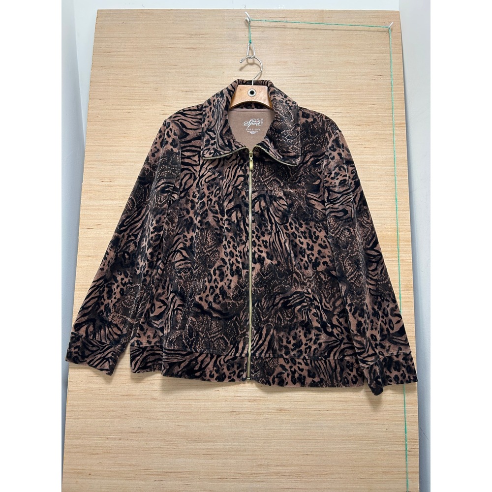 Style & Co Sport Womens Animal Print Zip Up Jacket Brown Black Mixed Pattern L‎
